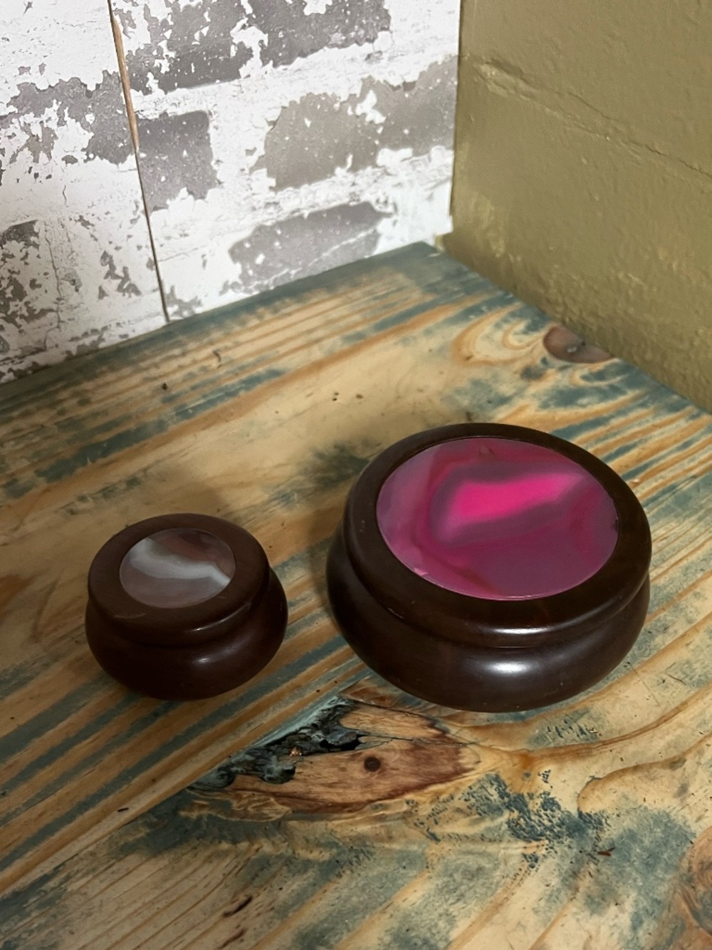 Two Handcrafted Wood and Brazilian Agate Stone Round Trinket Boxes